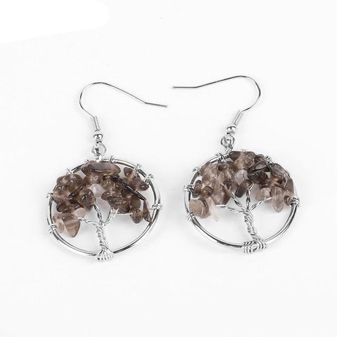 Boucles d'Oreilles Arbre de vie "Calme Émotionnel" en Quartz Fumé
