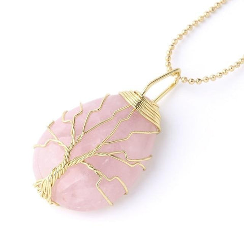 Pendentif Roulé Arbre de Vie "Tendresse" en Quartz Rose Doré