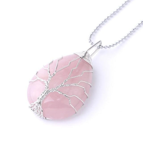 Pendentif Roulé Arbre de Vie "Tendresse" en Quartz Rose Argenté