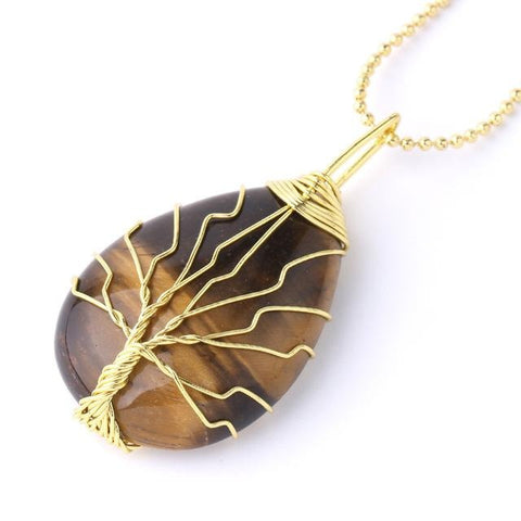 Pendentif Roulé Arbre de Vie "Confiance et Protection" en Œil de Tigre Doré