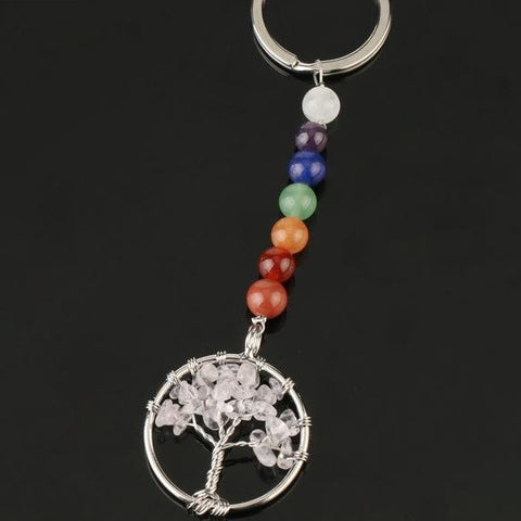 Porte-clés Arbre de Vie 7 Chakras "Amplification Énergétique" en Cristal de Roche