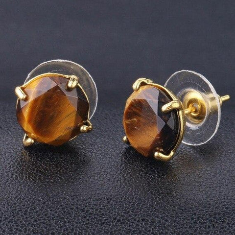 Boucle d'Oreille Ronde Facetté "Confiance et Protection" en Œil de Tigre