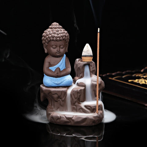 Brûleur d'encens "Petit Moine sur la Cascade" Bleu