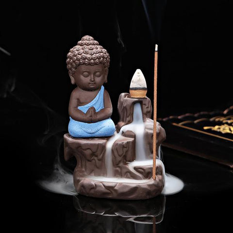 Brûleur d'Encens "Petit Moine sur la Cascade" Bleu avec 50 Cônes